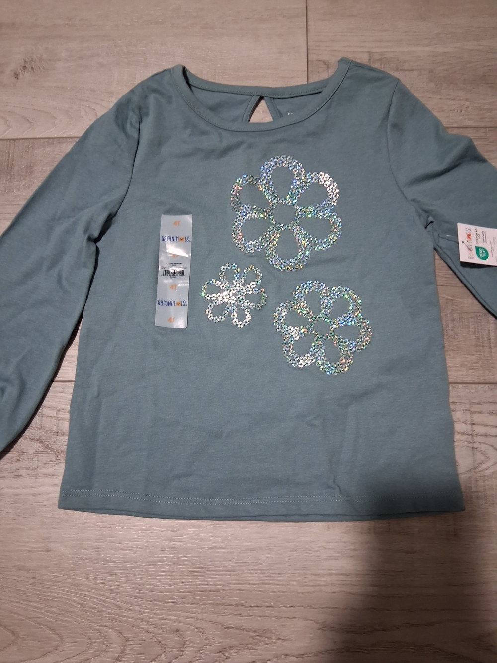 Garanimals Teal Long Sleeve Top with Holographic Sequin Flowers